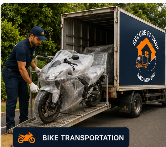 Wrapped motorcycle being loaded into a Secure Packers and Movers truck for bike transportation
