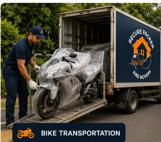 Wrapped motorcycle being loaded into a Secure Packers and Movers truck for bike transportation
