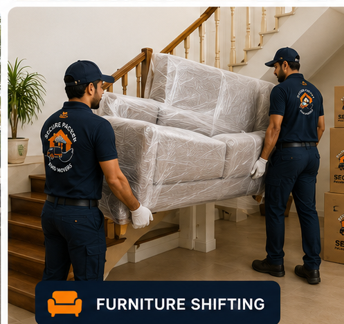 Two Secure Packers and Movers workers carrying a wrapped sofa down a staircase during furniture shifting
