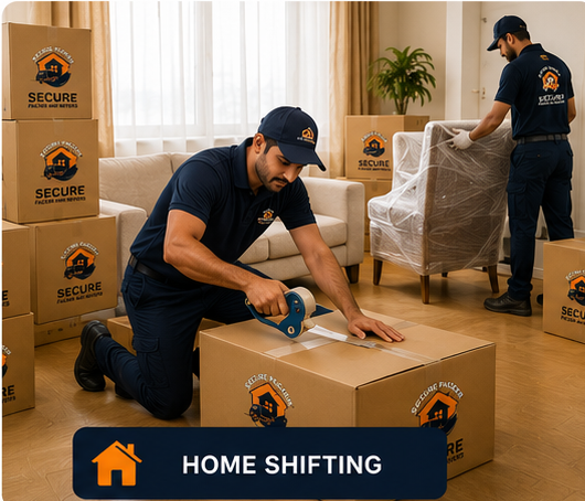 Secure Packers and Movers crew taping cartons and wrapping furniture for a home shifting job in Hyderabad