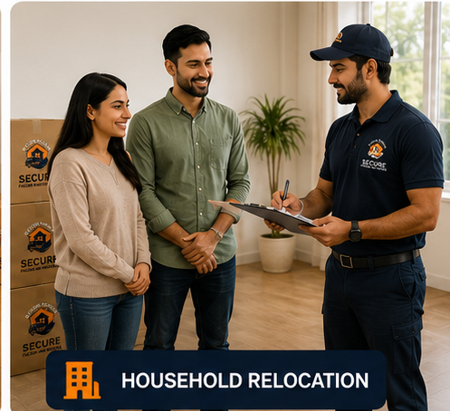 Secure Packers and Movers executive planning a household relocation with a couple at their home