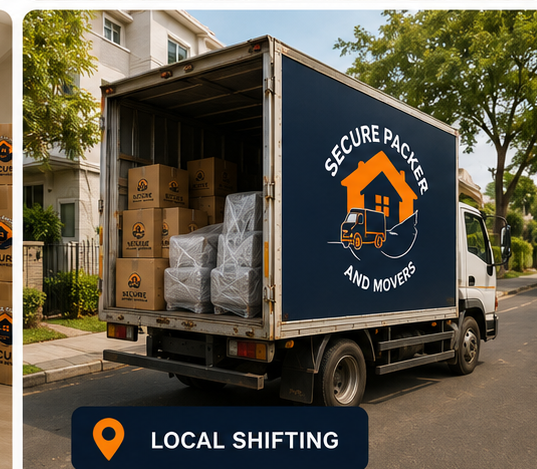 Secure Packers and Movers branded truck loaded with cartons for a local shifting job in Hyderabad