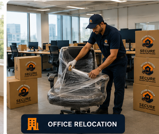 Secure Packers and Movers team wrapping office chairs and workstations for an office relocation